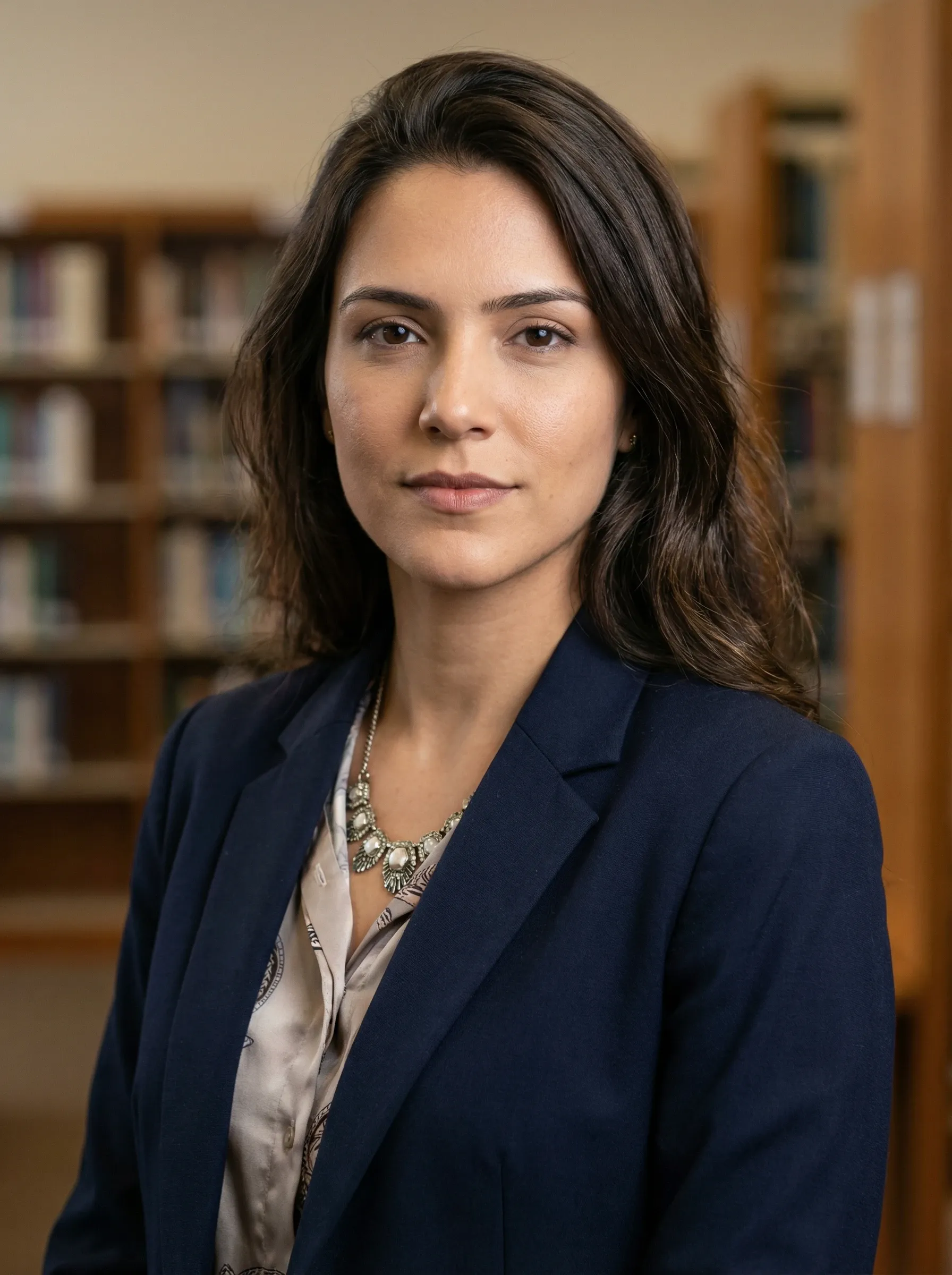 Academic researcher in smart casual attire with campus setting